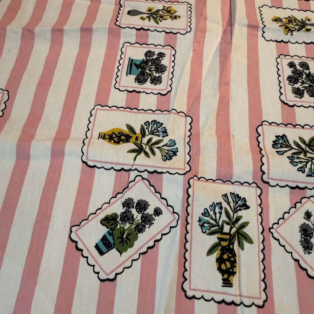 Vintage Floral Striped Tablecloth Pink White Botanical MCM 50x65 Cottagecore